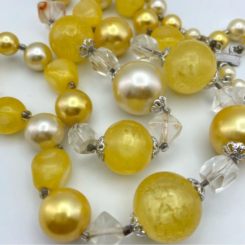 Vintage Japan Gold & Ivory Beaded Necklace & Cluster Clip Earring Set